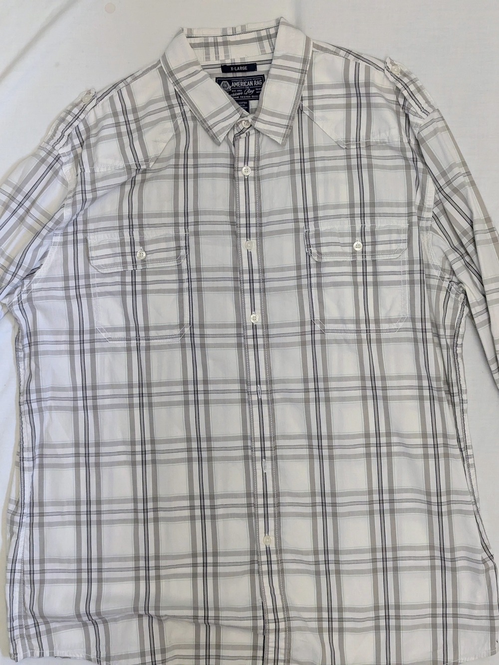 American Rag Menβs White and Gray Plaid Button-Up Shirt